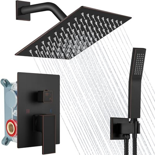 Midanya Sistema de ducha de lluvia, cabezal de ducha cuadrado, montaje en pared, juego de grifo de ducha con pulverizador de mano, kit de moldura de válvula rugosa, mezclador de baño, juego combinado