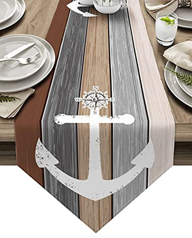 Tischläufer mit maritimem Anker, Kommode, Schals, Ozean-Motiv, nautische Streifen, Vintage, Holzplanke, braun, Ombré-Tischläufer für Küche, Abendessen, Party, Urlaub, Versammlungen, Heimdekoration, 33