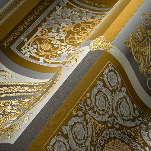 VERSACE WALLPAPER Barock Luxus Tapete Floral 387045 Gold Silber Grau Designer Logo Medusa 10,05x0,70m Made in Germany