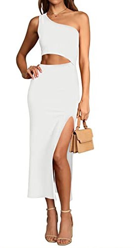Viottiset Damen Aushöhlendem Taillen Maxikleid Ärmellos Geteilt Eine Schulter Eleganter Figurbetonter Rock Weiß S