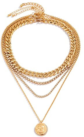 Wycian Kette Hochzeit Braut, Kette Damen für Anhänger 4 Lagige Gold Mond Strass Verstellbare Halskette für Frauen Party Jubiläum