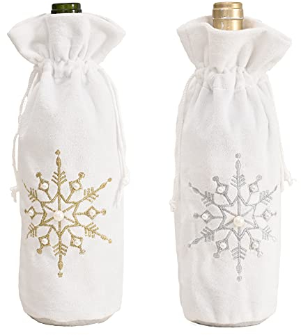 JAWSEU 2 Stück Weihnachts Weinflaschen Abdeckungs Taschen, Plüsch Weinbeutel Cover Weiß Schneeflocke Kleidung Flaschenüberzug Flaschen Beutel Tasche Weihnachts Party Dinner Tischdekoration