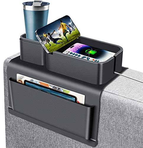 EasyJoy Couch-Becherhalter, Silikon-Sofa-Armlehnentablett mit Seitentaschen, Anti-Verschütten und Anti-Rutsch, großer Couch-Caddy mit Getränkehalter, Getränkehalter für Couch Armtablett, Geschenke für
