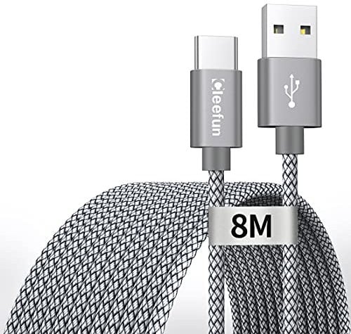 CLEEFUN Extra Long USB C Cable 8m, USB 2.0 A to Type C Nylon Fast Charging Charger Lead for Samsung Galaxy LG Moto Sony Smartphones, Tablets, Laptop, Security Camera, PS5 Controller, Switch, etc