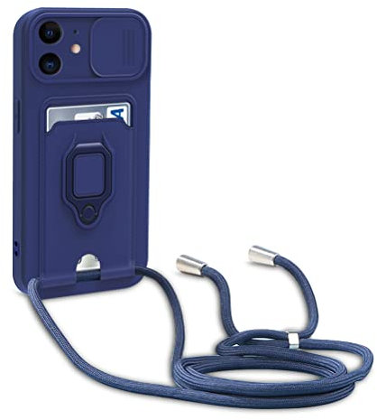Dllatui Handyhülle Kompatibel mit iPhone 11 Halsband Lanyard Silikonhülle,mit Kamera Schutz Schieber,Drehbarer Ständer mit Kartenfach Necklace Hülle (Blau)
