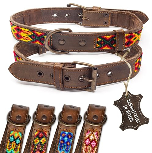 ALTEZAR Lederhalsband Hund - Doppelt Tribal Bestickt Feuerrot Braun - Hundehalsband handgemacht in Mexiko - Dornschnalle 5-Fach verstellbar - Größe L Halsumfang 42-53 cm - für große Hunde