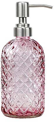SDlumeiy 453.6 g Seifenspender mit 304 rostfreier Edelstahl-Pumpe, Küche, Badezimmer, nachfüllbarer Glas-Flüssigseifenspender für Handseife, Seife, Lotion(Rosa)