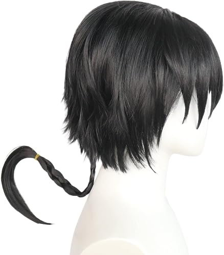 MIGUOO Anime Ranma Nibun-no-Ichi Ranma Cosplay Perücke, Schwarze Kurze Pferdeschwanz Perücke mit kostenloser Perücke Cap, für Halloween Kostüm Party, Anime Show, Cosplay Event