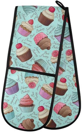 Double Oven Gloves Cupcake Blue Heat Resistant Pot Holder Oven Mitt Gloves for BBQ Cooking Baking Grilling Microwave