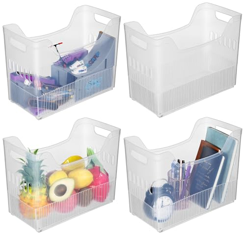 Beeveer 4 Pcs Plastic Freezer Organizer Bins with Wheel Tall Narrow Kitchen Pantry Organizer Snack Storage Containers for Office Refrigerator(10 x 12.5 x 6.7 Inch)