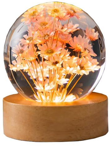 MCHERRY 3D Kristallkugel Nachtlicht, Planetenmodell mit LED-Beleuchtung, 3D Kristallkugel mit Led USB-Holzsockelfür Weihnachten Thanksgiving Geburtstag, Dekorative Tischlampe (Red Daisy)