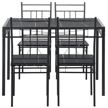 H.J WeDoo Esstisch mit 4 Stühlen, Esszimmer-Set, Küchentisch, Tischplatte, wendbar, Marmor, Schwarz/Weiß