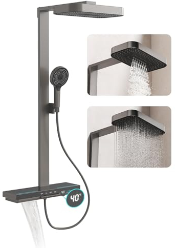Colonne de Douche Thermostatique, Systeme de Douche Gris Mural Hauteur Réglable Ensemble de Douche avec Affichage Numérique LED, Mitigeur Douche avec 2 Fonctions Tête de Douche, Douchette 4 Jets