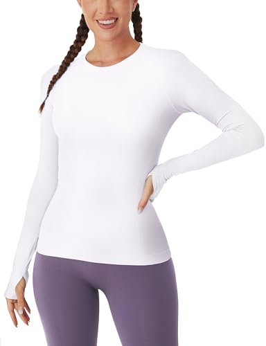 BAYDI Long Sleeve Tops Women Seamless Workout Shirts Base Layer with Thumb Holes for Running Training Gym Athletic Casual T-Shirts White