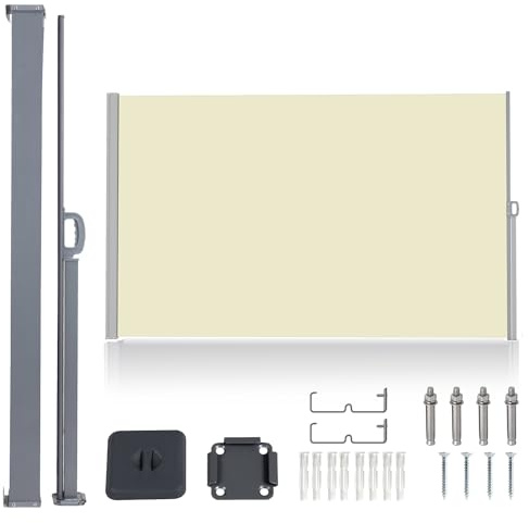 Herrselsam Seitenmarkise, 160x300cm Seitenwandmarkise ausziehbar Blickdicht Windschutz Sonnenschutz, Seitenrollo Markise mit Bodenhalterung einziehbarer und Zubehörpaket, Beige