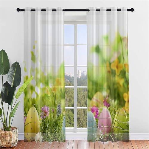 Hiseng Ostern Voile Vorhänge mit Ösen Durchsichtig Halbtransparent Ösenvorhang für Fenster Elegant Wohnzimmer Schlafzimmer Ostern Druck Transparent Gardine 2er Set (Naturlandschaft,107x244cm)