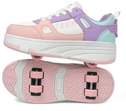 Mateju Schuhe mit Rollen für Jungen Mädchen Kinder Rollschuhe Schuhe mit 4 Rollen Versenkbarer, 2-in-1 Jugend Skateboardschuhe Mode Outdoor Turnschuhe Roller Schuhe Turnschuhe