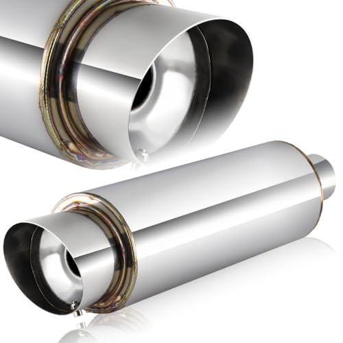 Universal 4 Outlet JDM Fire Ball Slant Tip Style Muffler Hi Flow Stainless Steel Weld-On 2.5 Inlet, Muffler, Removable Silencer Pre-attached, Deep and Smooth Tone (Silver)