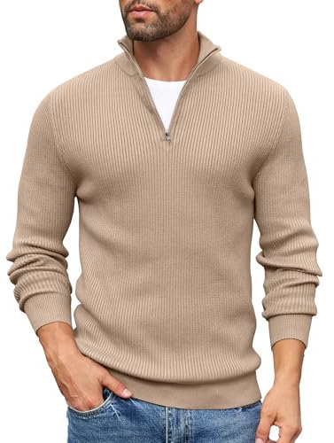 COOFANDY Jumpers for Men Quarter Zip Jumper Polo Neck Jumpers Turtle Neck Tops Knitted Thermo Work Jumper Winter Pullover Long Sleeve Khaki M