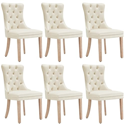 I0I&I0I Esszimmerstuhl - 4-Fußstuhl Relaxsessel, mit Knopfsteppung, Gestell aus Massivholz, Samtbezug in Hellbraun, Ergonomisch, Einfache Reinigung, Hohe Belastbarkeit 150 kg (6, Beige)