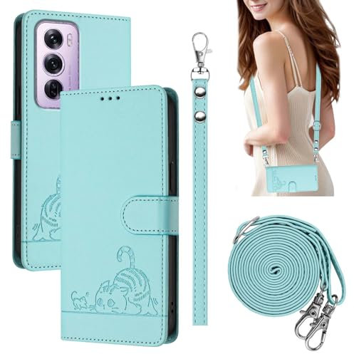 WBWONE Cover a Libro per OPPO Reno 12 Pro 5G / Reno12 Pro 5G, Flip Case in PU Pelle Premium Portafoglio Custodia con Corda Lunga/Supporto Stand/Magnetica. Verde Chiaro