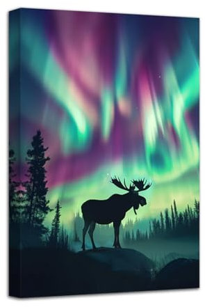 LZIMU Elch Wandbilder auf Leinwand Nordlicht Bild Wanddekoration Aurora Borealis Wildtier Hirsch Kunstdrucke Aurora Landschaftsbilder (Grün, 40.00 x 60.00 cms)