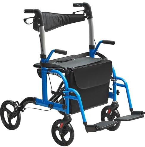 VEVOR Déambulateur roulant 2en1 pour personnes âgées, charge 136 kg, rollator fauteuil de transport pliable et repose-pieds, déambulateur léger en aluminium avec poignée réglable, roues tout terrain