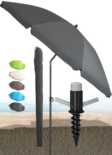 Menz SET Sonnenschirm Strand - Strandschirm mit Bodenhülse & Schutzhülle, Strandschirm UV-Schutz 50+, Strandschirm windfest stabil Ø 180 cm, Fb. Anthrazit