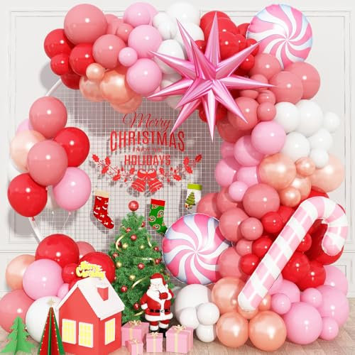 HILAVO Christmas Balloon Garland Arch Kit, 146PCS Red and Pink White Balloons Pinwheel Cane Star Foil Balloons for Christmas Girls Baby Shower New Year Holiday Birthday Party Decorations