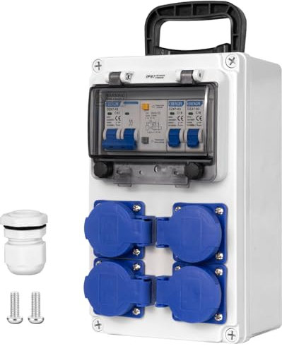 CHENGPI Baustromverteiler,Stromverteiler mit FI Schalter 2P+N 32A, Wandverteiler mit 4 AC Schuko Stecker 250V/16A,Aufputz Verteiler für Bauwesen,Industriell,Draußen