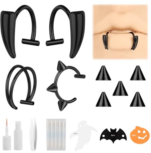 ZS Edelstahl Halloween Vampirzahnring Nicht Durchdringender Lippenschmuck, C-Förmiger Fake Lippenring, Fake Monroe Schmuck Helix Tragus Knorpelohrring Für Frauen Und Männer (Schwarz)