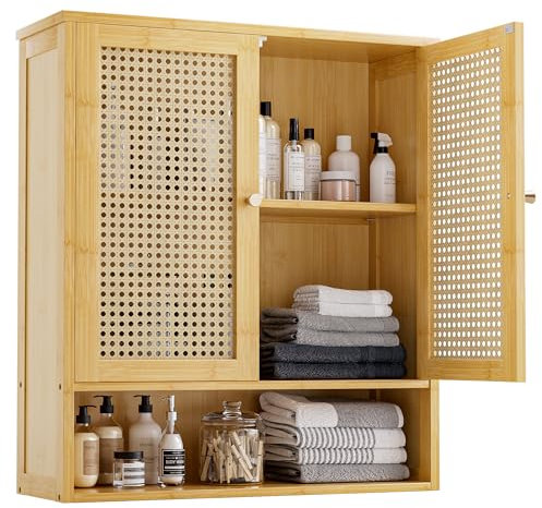 vovala Bathroom Wall Cabinet, Bamboo Over-The-Toilet Storage Organizer with 2 Rattan Doors and Adjustable Shelf, Space Saver Medicine Cabinet for Laundry, Kitchen, Living Room (Natural)