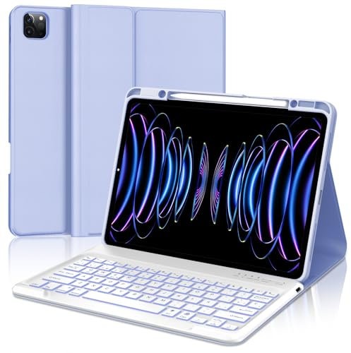 WAVATA Funda Teclado para iPad Air 13 2024 M2- Teclado para iPad Pro 12.9'' 6th/5th/4th/3rd Gen- Tecla Español Ñ Bluetooth Retroiluminación Inalámbrico Desmontable- Púrpura