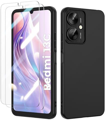 Doeshine for Xiaomi Redmi 13C / Poco C65 Case, 2 Pack Screen Protector, TPU Silikon Soft Slim Thin Cover Anti-Scratch Bumper Shockproof Military Full Protection Case for Xiaomi Redmi 13C (Black)