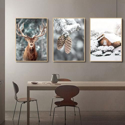 3er Ohne Rahmen Poster Set, Premium Poster Bilder, Kiefernzapfen, Elch, Holzhaus, Schnee Szene Wohnzimmer Tannenzapfen Deko, Moderne Schlafzimmer Wandbilder Bilder (21x30 cm,Häuser)