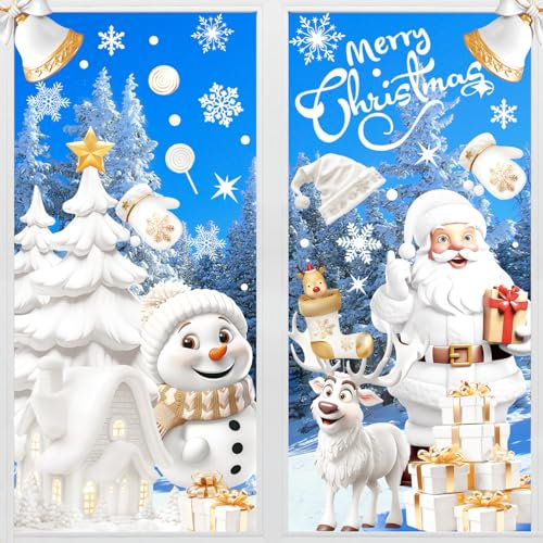 190 Pièces Autocollants Fenetre Noël, Réutilisable Impression Recto-Verso Electrostatique avec 3D Bonhomme de Neige Mignon et Père Noël pour DIY Décor Fenêtre