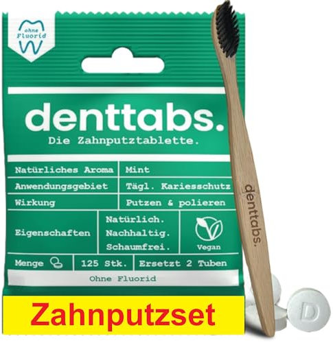 Denttabs Zahnputzset - Zanputztabletten Minze ohne Fluorid 125 Stk Set+Bamboobrush Bambus Zahnbürste ultrasoft
