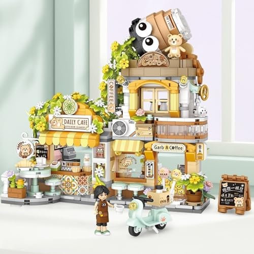 SQAQS City Coffee Shop Bausteine, Mini City Shop Street View, Modular Haus Architektur Modell, DIY Architektur Bausteine für Kinder Erwachsene, Konstruktionsspielzeug Geschenke für Mädchen und Jungen