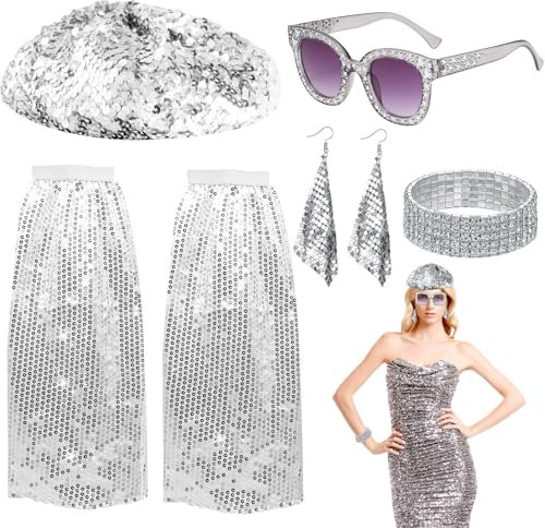 HEAWAA 5 Stück 70er Jahre Disco Accessoires, 80er Jahre Disco Kostüm Zubehör mit Pailletten Stulpen Glitzer Glitzer Baskenmütze Ohrringe Sonnenbrille Armband für Damen Fasching Party Karneval