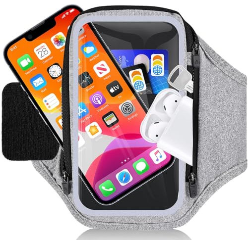 Razobws Brassard Telephone Sport avec Poche Écouteur, Porte Telephone Course a Pied pour iPhone 16 15 14 13 12 Pro Max Galaxy S25 S24 S23, 6,9'' Telephone Brassard pour Running Jogging (Gris)