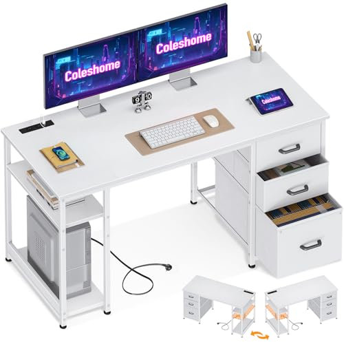 Coleshome Escritorio con 3 Cajones de Tela, 130x48cm Mesa de Ordenador con 2 Puertos de Carga USB y 2 Tomas de Corriente, Escritorio con Estantes de Almacenaje Reversible para Oficina, Hogar, Blanco