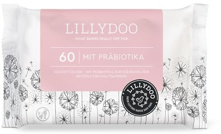 Lingettes LILLYDOO avec prébiotiques, 60 pièces, tissu 100% sans plastique, sans parfum
