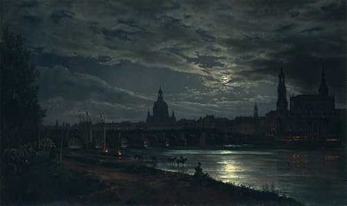 POSTERIIk Vintage Abstrakt auf Leinwand Vintage Wandbild Blick auf dresden bei vollmond von johan christian clausen Dahl Tier Poster für Office Home Decor 60x90cm