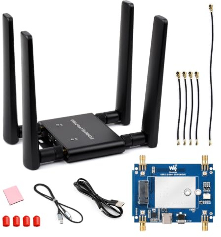 Waveshare 5G DONGLE Expansion Board ONLY, USB 3.2 Port, Aluminum Alloy Case, Quad Antennas, Onboard M.2 Key B Interface, Does NOT Include 5G Module