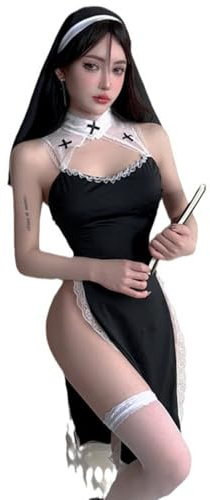 CHILIRIA Sexy Nonnenkostüm für Damen Anime Cosplay Dessous Halloween Kostüm | Nonnen Outfit sexy Nonnen Dessous Nonnenkostüm Schwesternkostüm Minikleid mit Cut Outs Gothic Dessous Teufels Outfits