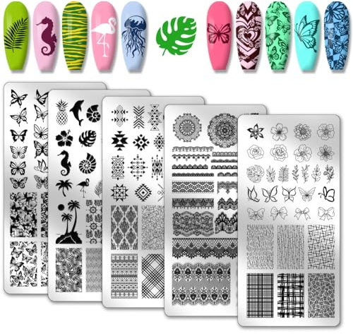PH PandaHall Nagelstempel-Platten Set 5 Stück Blume Spitze Nagel Kunst Stamping Platte Schmetterling Nagelkunst Schablonen Edelstahl Nagelbild-Platten für Frühling Sommer Frauen DIY Design 12x6 cm