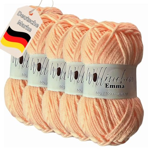 Wollinchen Wolle Emma - 5 x 50g - leuchtende Farben, Babywolle, Wolle zum Stricken, Häkeln, Knüpfen oder Basteln (Pfirsich Pastell)