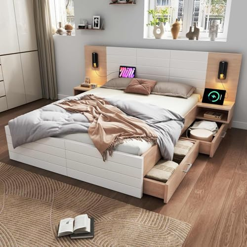 YEHTOKHOME Lit Moderne en Bois avec Port de Charge USB et liseuse, Multifonctionnel lit avec 2 Tables de Chevet, 2 tiroirs et sommier à Lattes(sans Matelas) (Blanc + Chêne 2, 180x200cm)