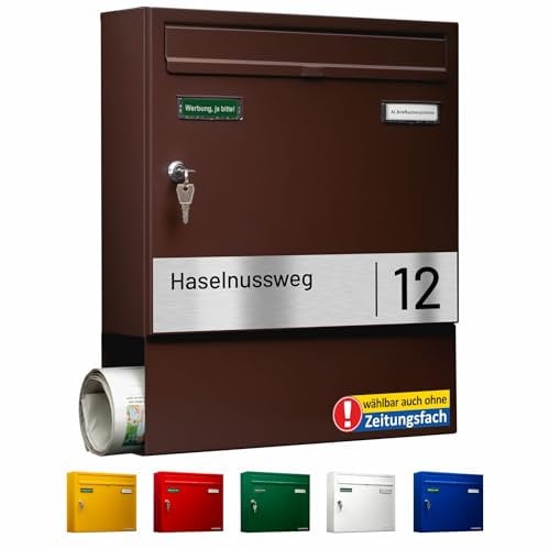 AL Briefkasten Systeme Basic-Line 1er Briefkasten personalisiert mit Namen Schild Straße und Hausnummer - Postkasten Braun modern mit Zeitungsfach - Gravur wetterfest Wandbriefkasten Zaunbriefkasten