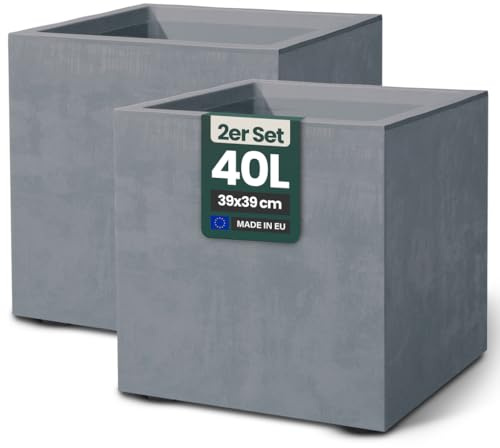 Kreher 2 x XL Pflanzkübel 'Millennium' in verschiedenen Formaten/Farben. Tolle Naturstein Optik in Anthrazit, Grau, Creme Weiß oder Braun! Aus robustem Kunststoff. (Grau, 2 x 40 Liter Eckig)